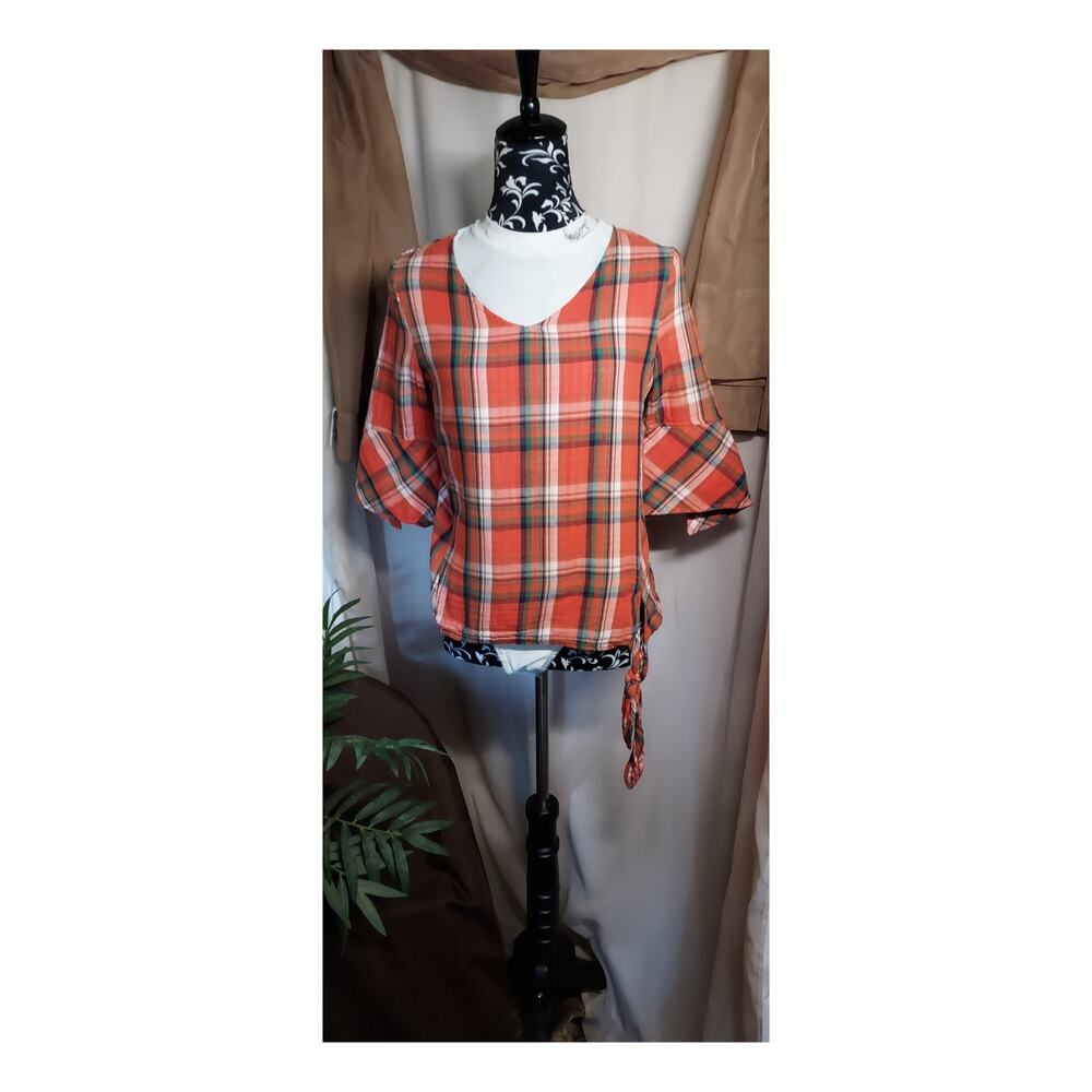 Oddy Cotton Blouse Checkered Flared Sleeves Women/Teens Size Small